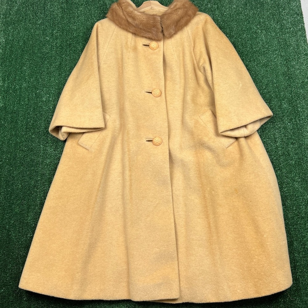 Vintage EINIGER Women's M Coat Camel Wool Fur Collar Mink Collar Swing Lined 50s
